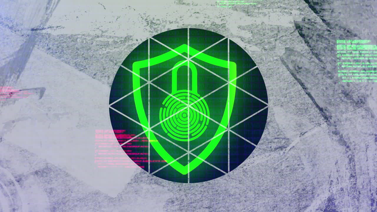 Digital lock on red shield with geometric pattern, animation style background