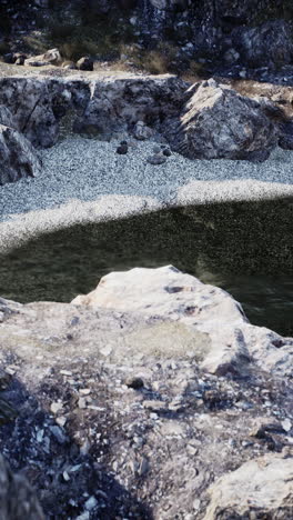 aerial view of a calm, shallow pond surrounded by rocky cliffs