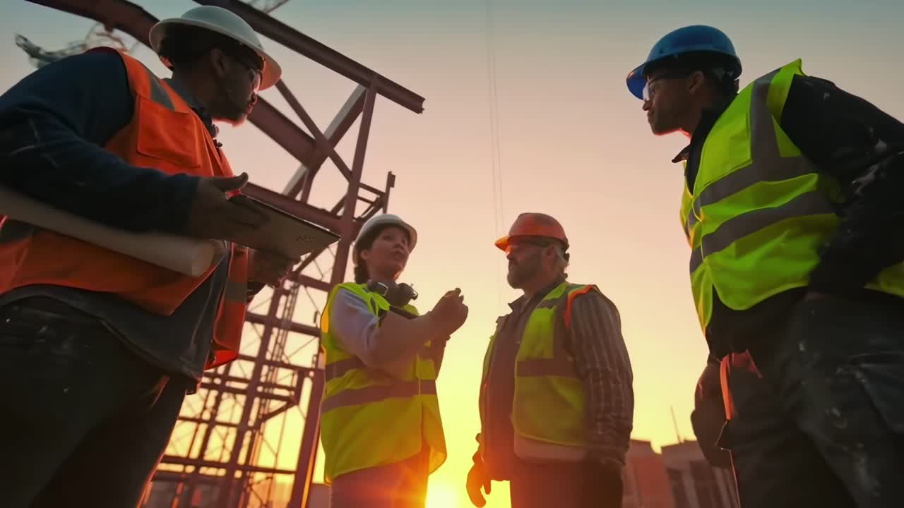 Low-angle video shot of construction workers in safety gear, silhouetted by sunset