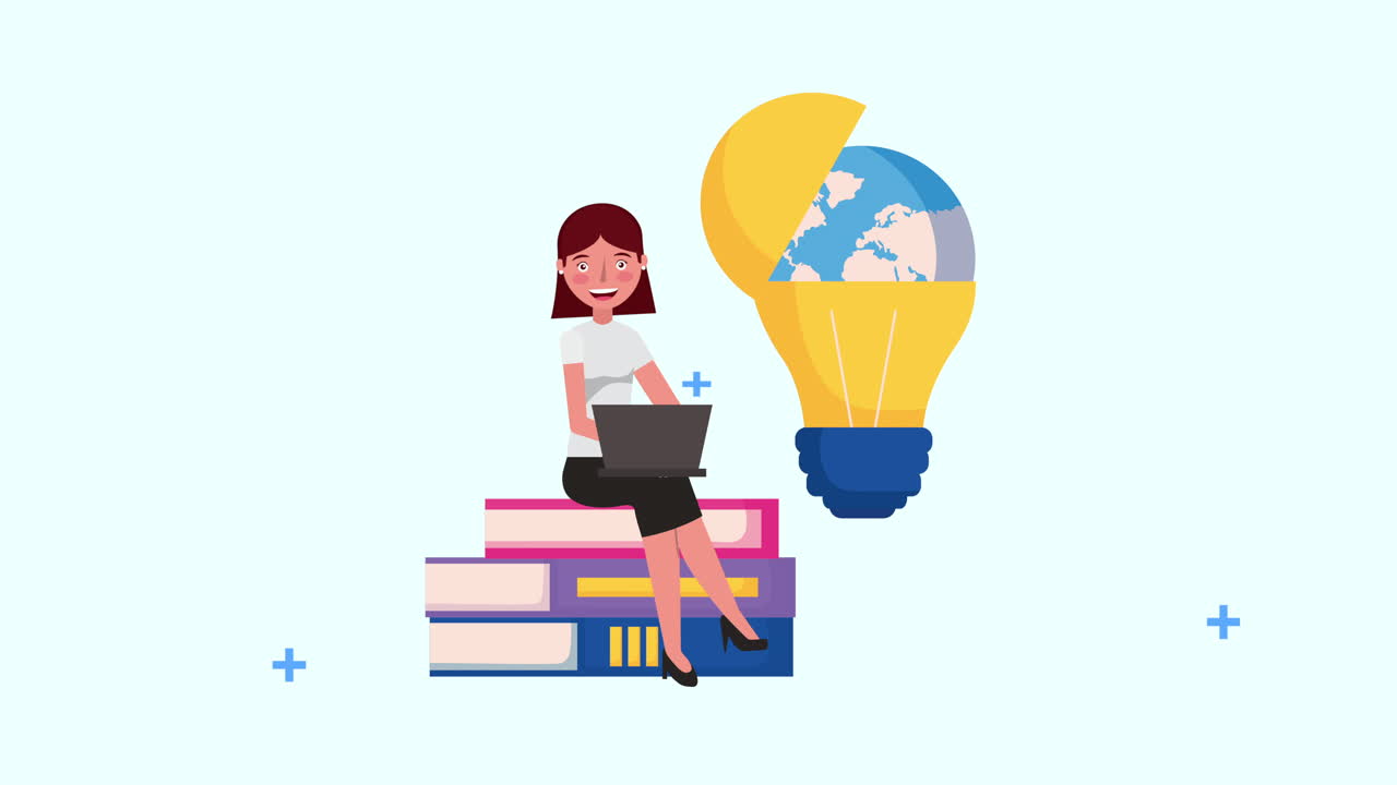 joven mujer de negocios sentada en libros con computadora portátil