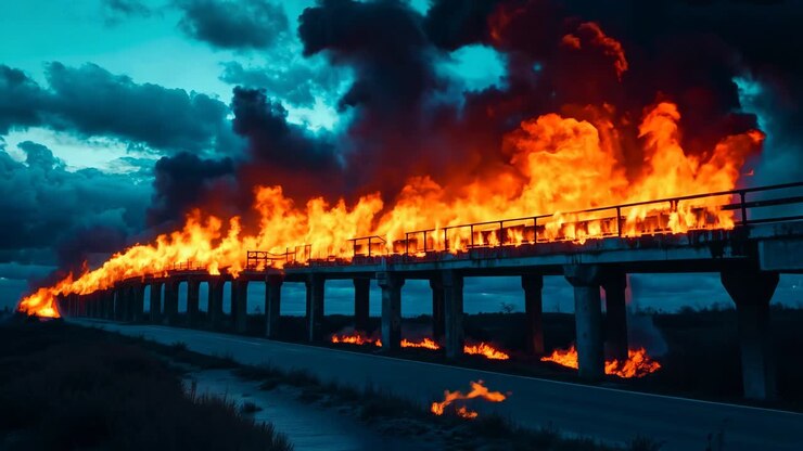 A large bridge on fire on the side of a road