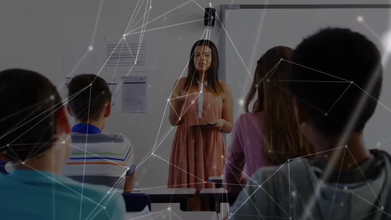 animación de la red de conexiones con iconos sobre estudiantes y maestros en la escuela