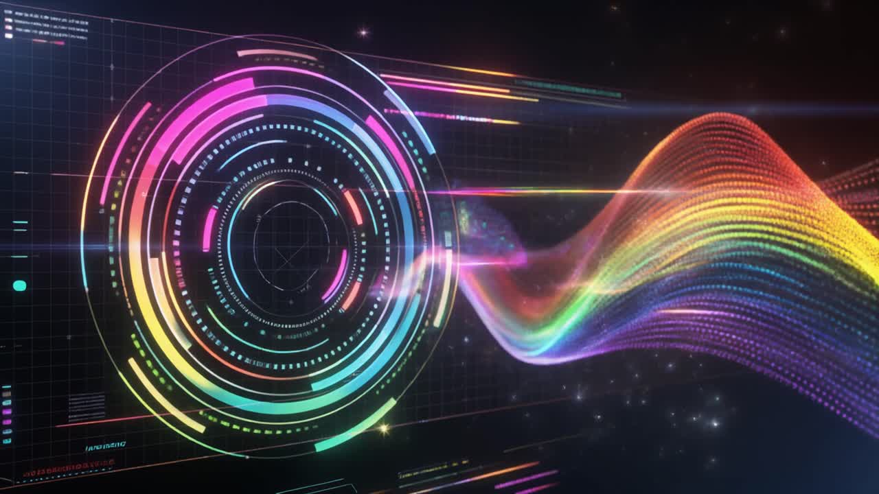 Futuristic Digital Interface with Colorful Wavy Data Stream