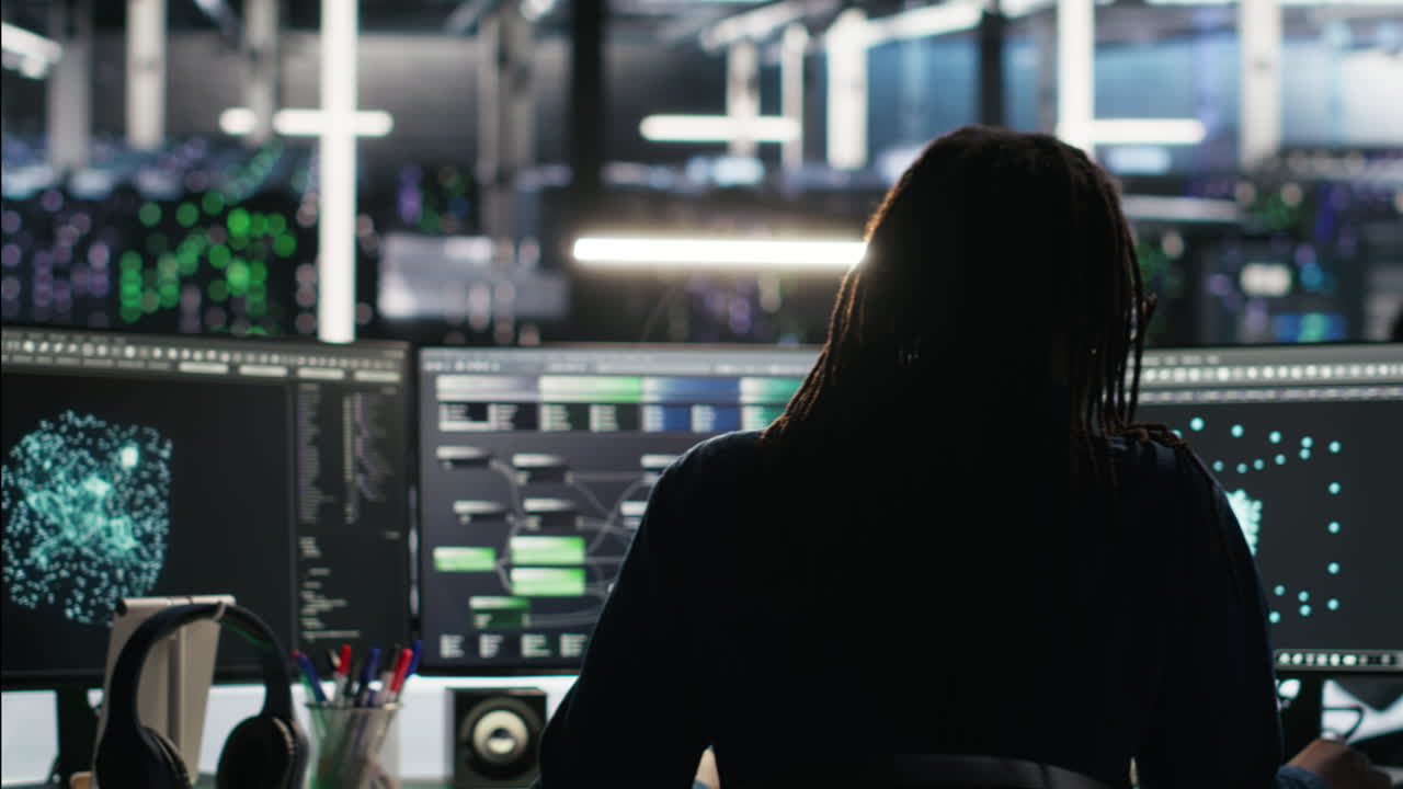 Server room expert interpreting AI data analytics graphs, putting on headphones