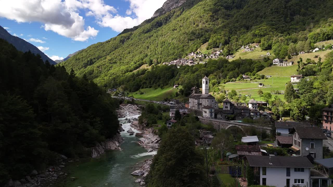 Swiss highlands nature holiday resort Valle Verzasca river Switzerland aerial drone