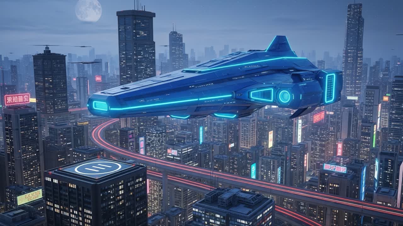 Futuristic Flying Vessel Soars Above Neon Cityscape at Night, Showcasing Advanced Technology and Urban Life in a Vibrant Metropolis with a Moonlit Sky