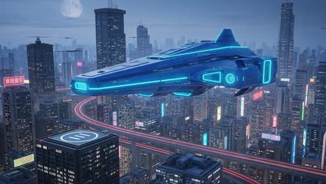 futuristic flying vessel soars above neon cityscape at night, showcasing advanced technology and urban life in a vibrant metropolis with a moonlit sky