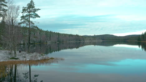 glassy calm swedish lake aerial shot, sub zero temperatures