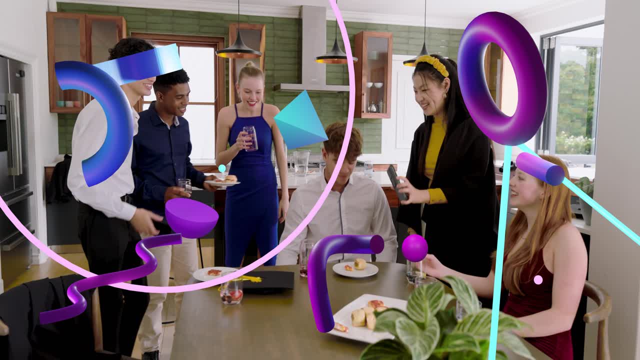 Friends gathering at kitchen table bringing food showing phone purple 3D shapes sweeping over group