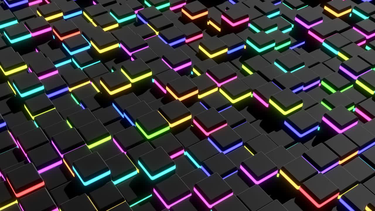 4k abstrakt mørk baggrund i loop med bølger af terninger på en flade og neonlys. Gitter af terninger som neonpærer. VJ cyberpunk neonstil baggrund til event, præsentation. Klassisk simpelt bevægelsesdesign baggrund