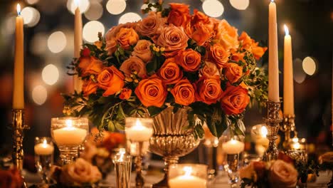 romantic table setting with orange and peach roses and candles