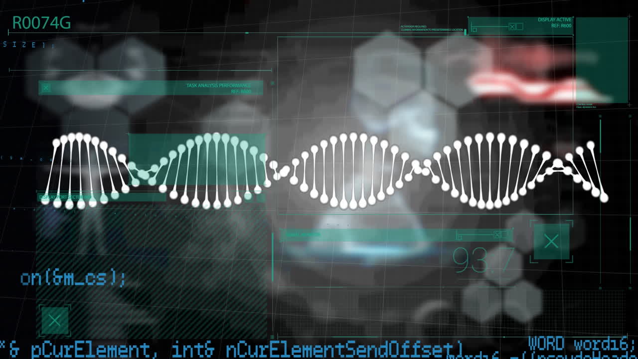 Animation of diverse data processing and dna on black background