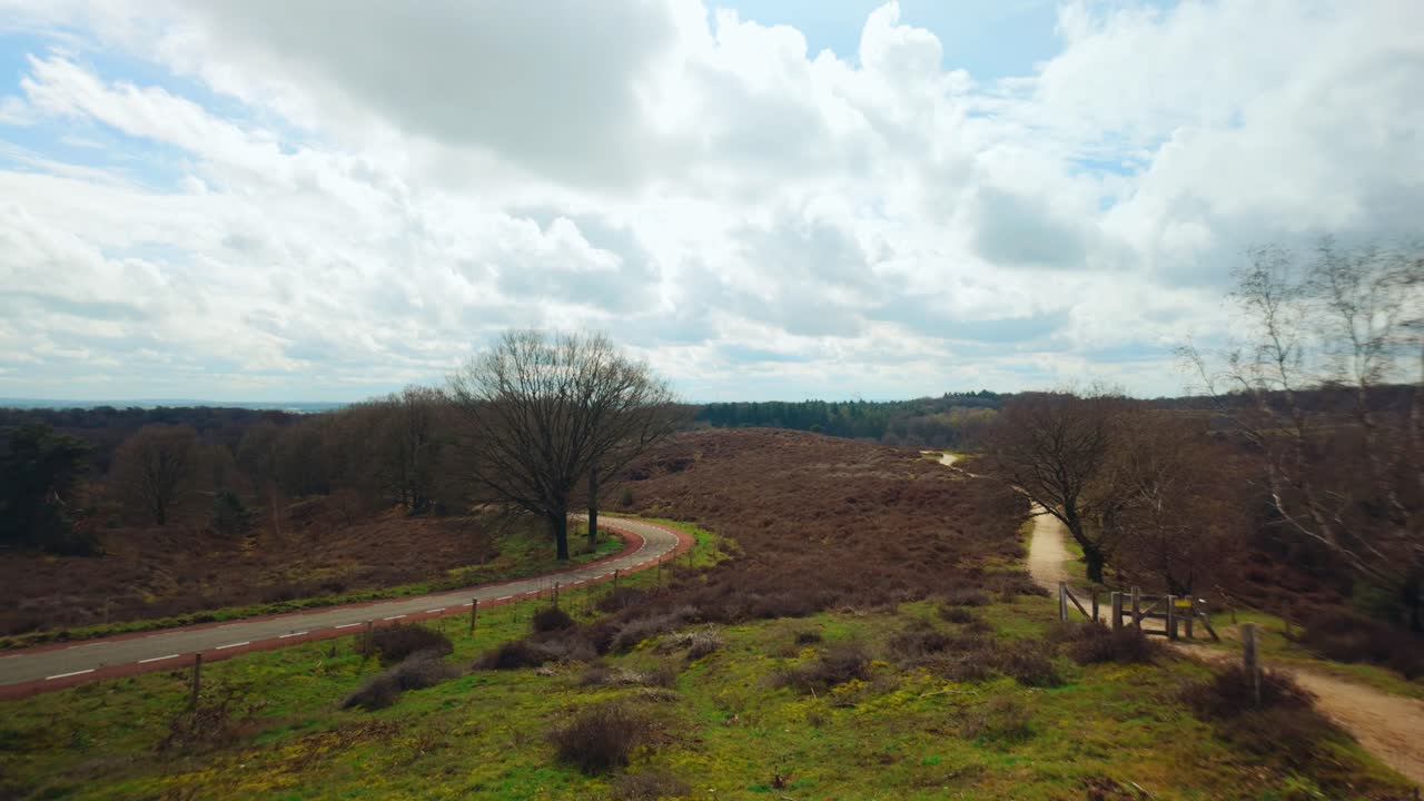 panorama sobre el páramo de veluwe con páramo marrón paisaje de los países bajos a principios de la primavera