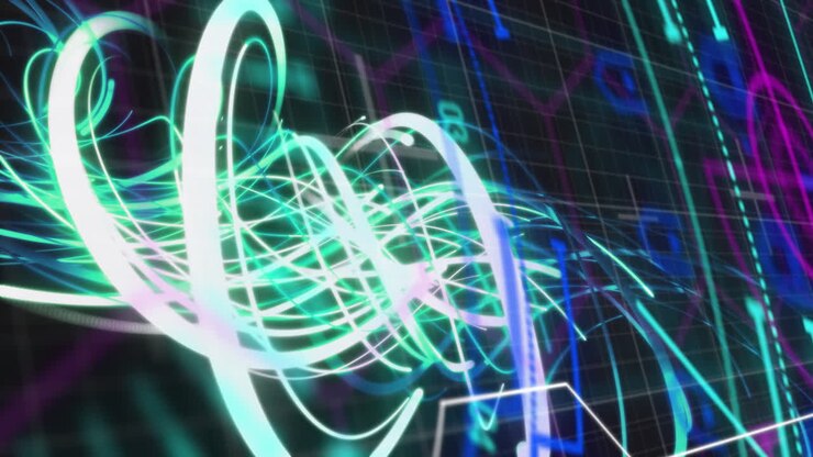 Animation of scope scanning with shapes over light trails on black background