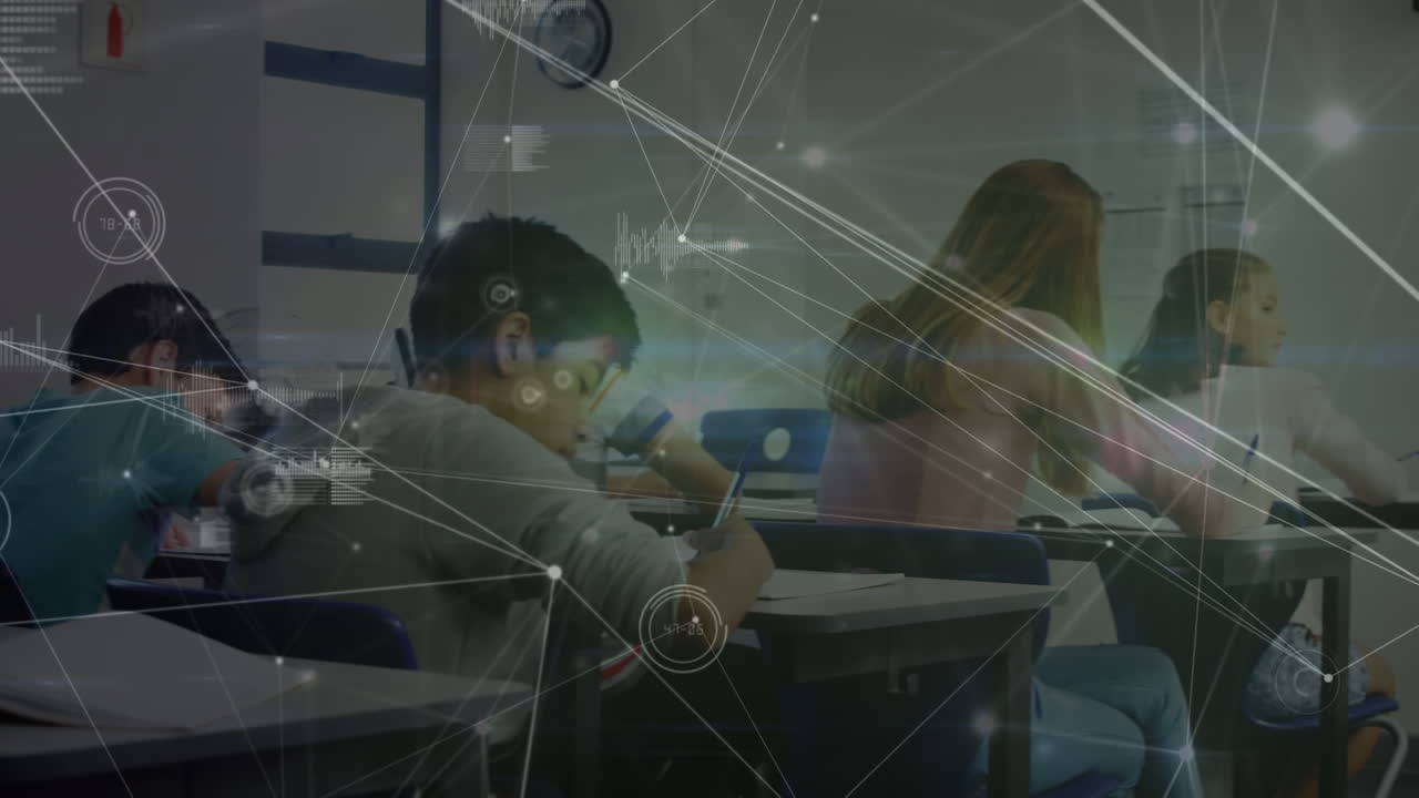 Animation of network of connections over group of diverse students studying in the class at school