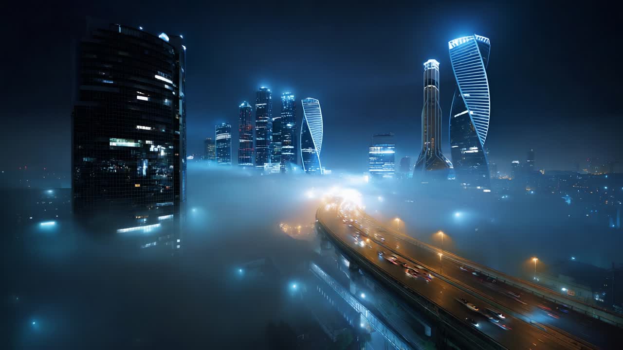 A Stunning Overview of a Futuristic Cityscape at Night Shrouded in Fog, Featuring Sleek Architectural Wonders and Glowing Skyscrapers Illuminated Against the Dense Misty Atmosphere