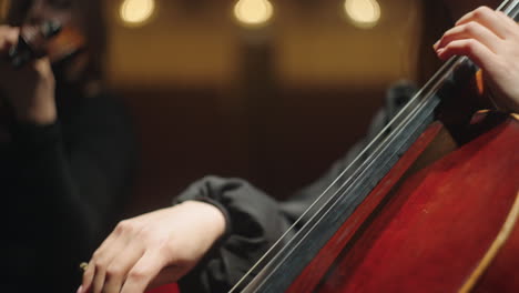 female violoncellist in orchestra on scene of philharmonic hall closeup of cello bow and hands of cellist