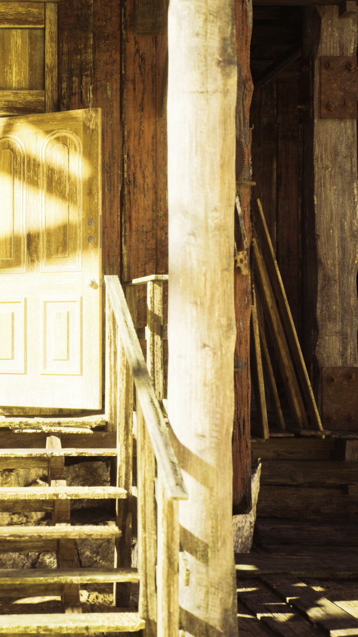 Old wooden cabin with a sunlit porch and charming rustic details