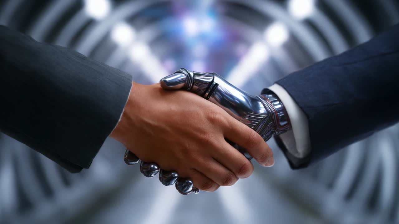 A Pivotal Moment of Trust: The Unique Handshake Between a Human and a Robotic Arm in a Futuristic Setting, Symbolizing Partnership and Cooperation Between Humanity and Technology