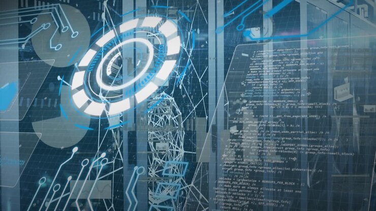 Animation of round scanners, microprocessor connections and data processing over server room