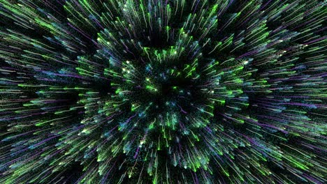 green energy lights fireworks moving in black background. 3d animation