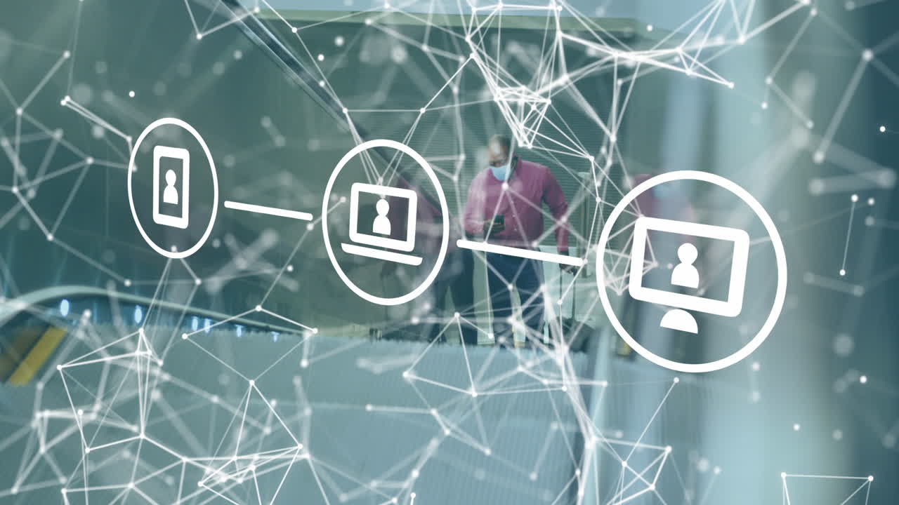 animación de iconos y red de conexiones sobre hombre afroamericano en escaleras mecánicas con máscara facial