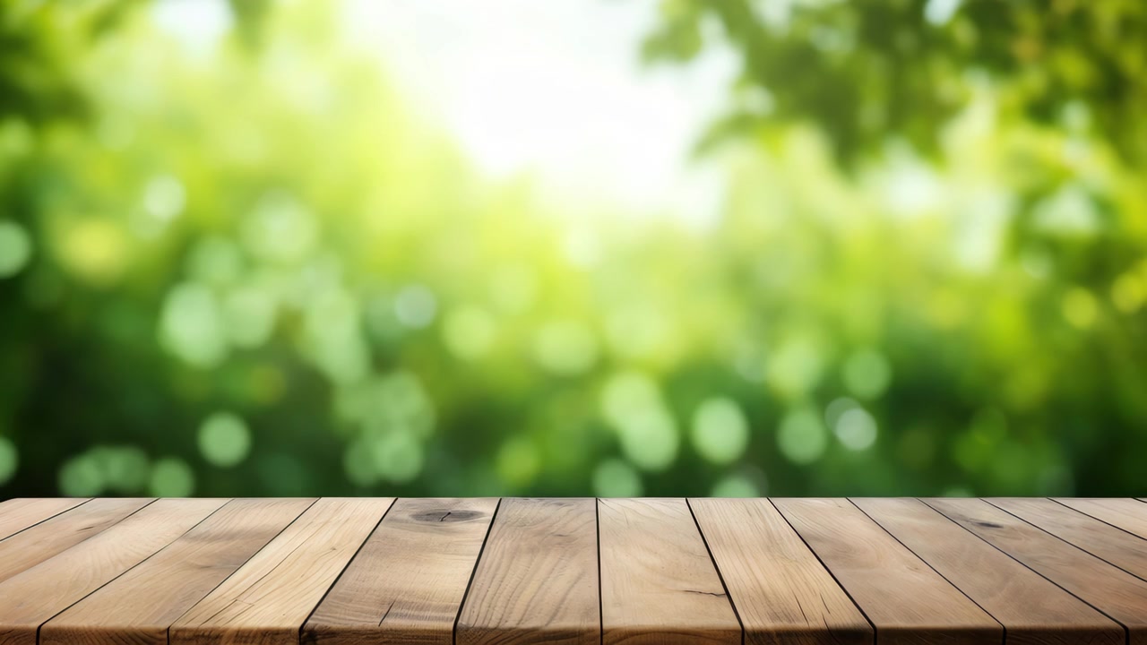 Tavolo di legno vuoto con natura verde sfocata e bokeh della luce solare