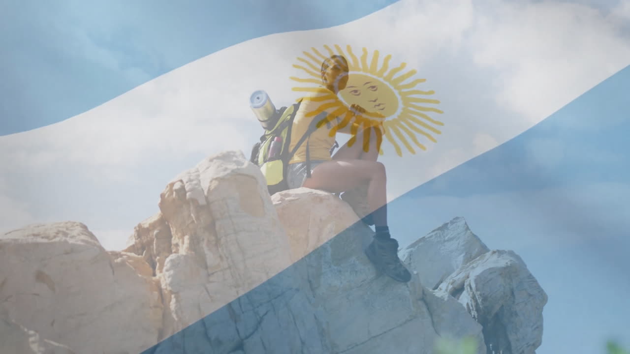 female hiker sitting on rocky peak with backpack framing animated Argentine flag overlay for travel
