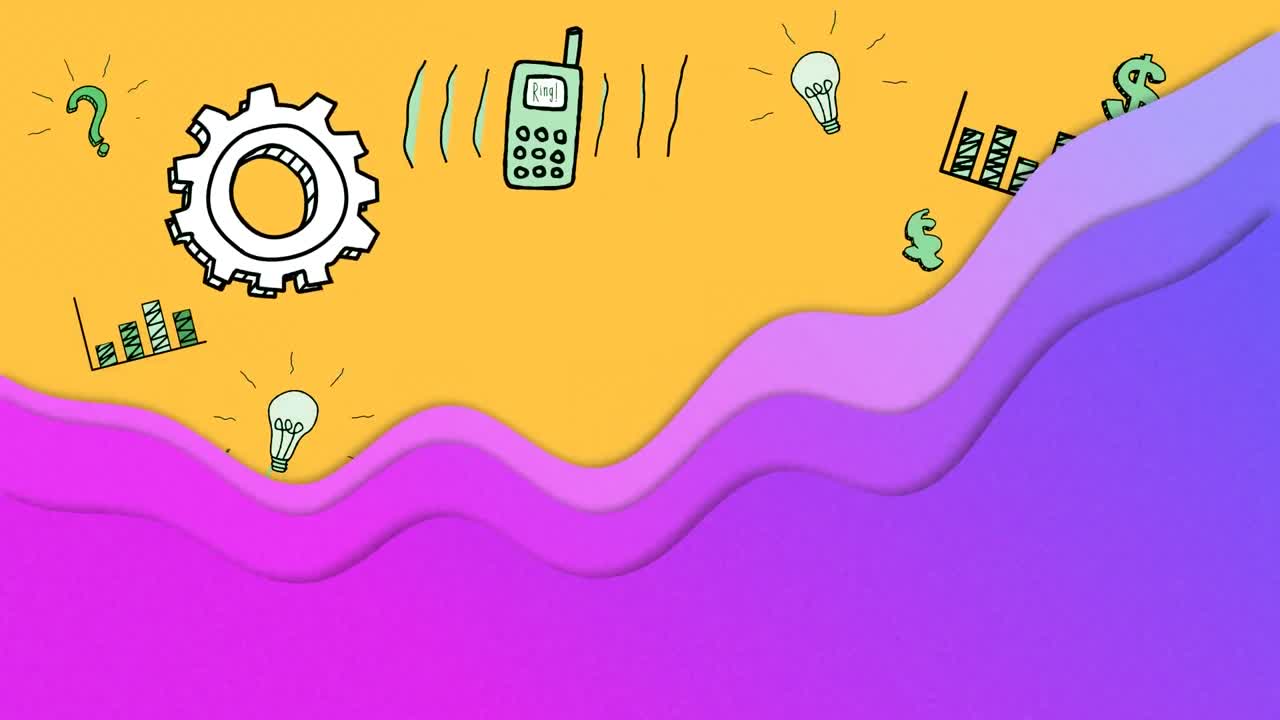 animación digital de forma líquida púrpura sobre múltiples iconos de concepto de negocio en fondo amarillo