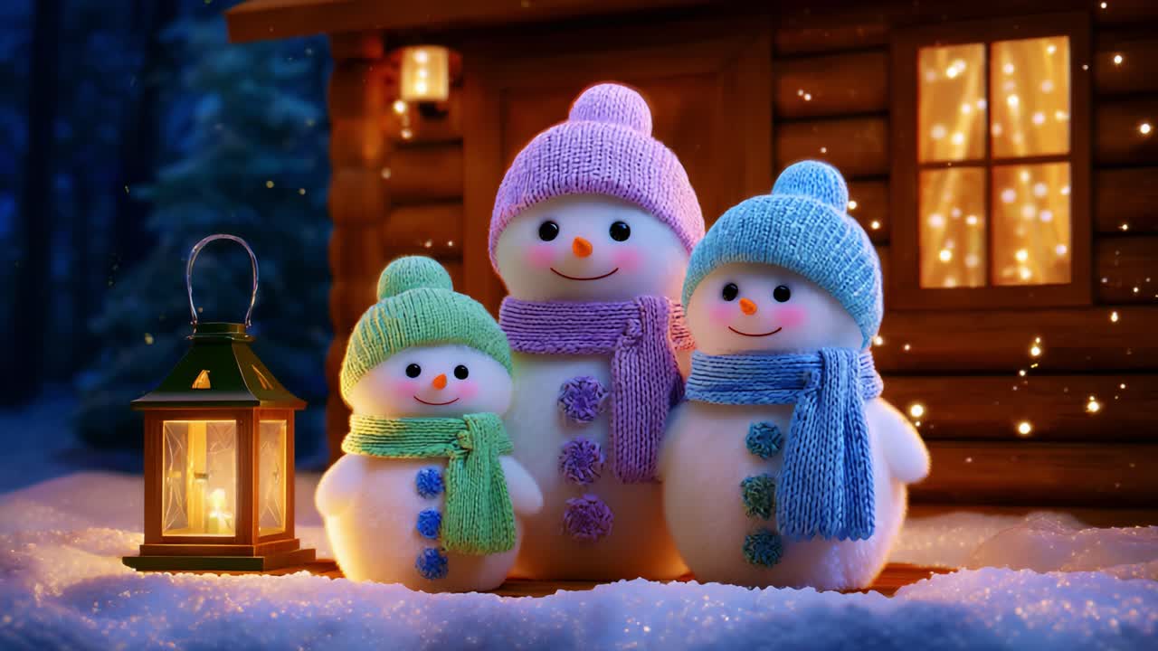 Charming Snowmen Gather Near a Cozy Cabin with Glowing Lanterns and Magical Winter Lights, Forming a Heartwarming Scene Filled with Joyful Holiday Spirit and Winter Cheer, Celebrating the Season Together