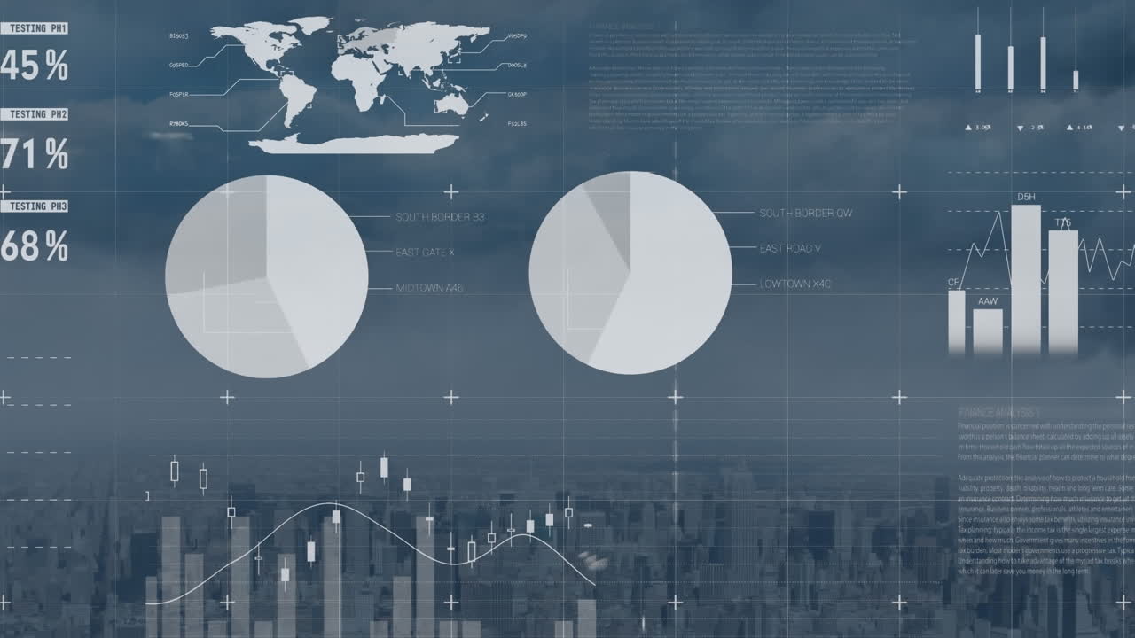 Animation of financial data processing over cityscape