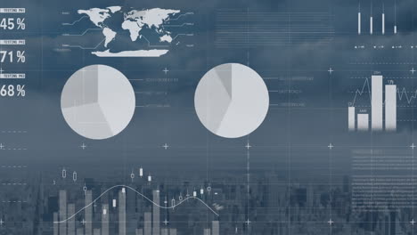 animación del procesamiento de datos financieros sobre el paisaje urbano