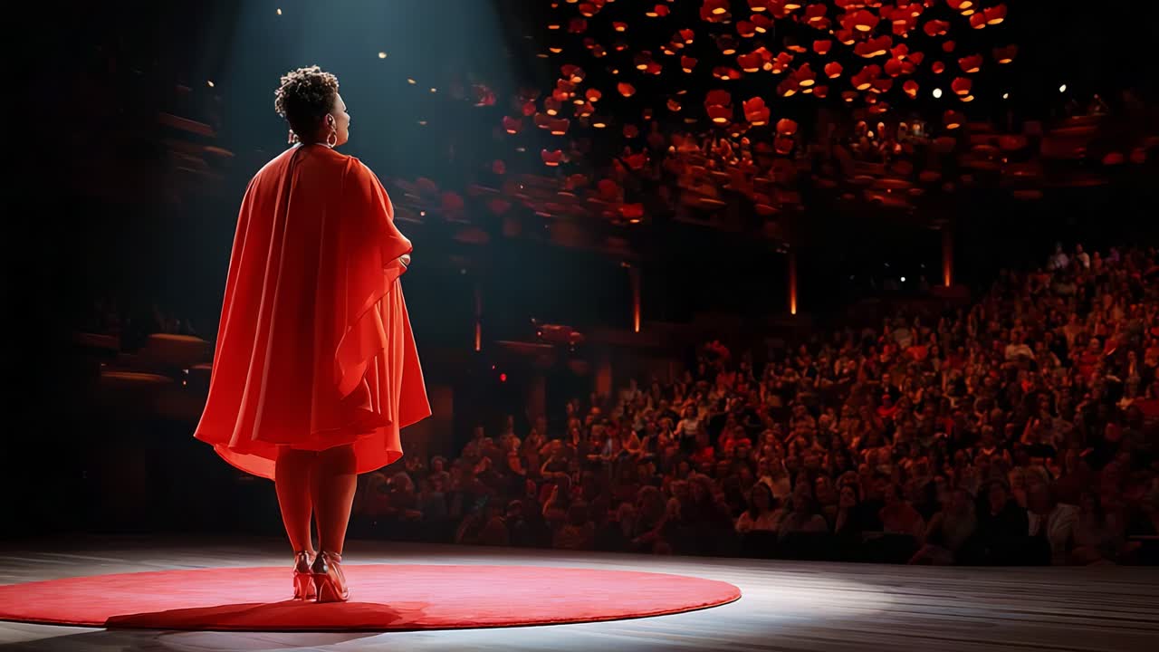 A Captivating Orator Engaging an Enthralled Audience with Passionate Words, Illuminated by Spotlight and Surrounded by Floating Symbols of Inspiration in a Vibrant Performance