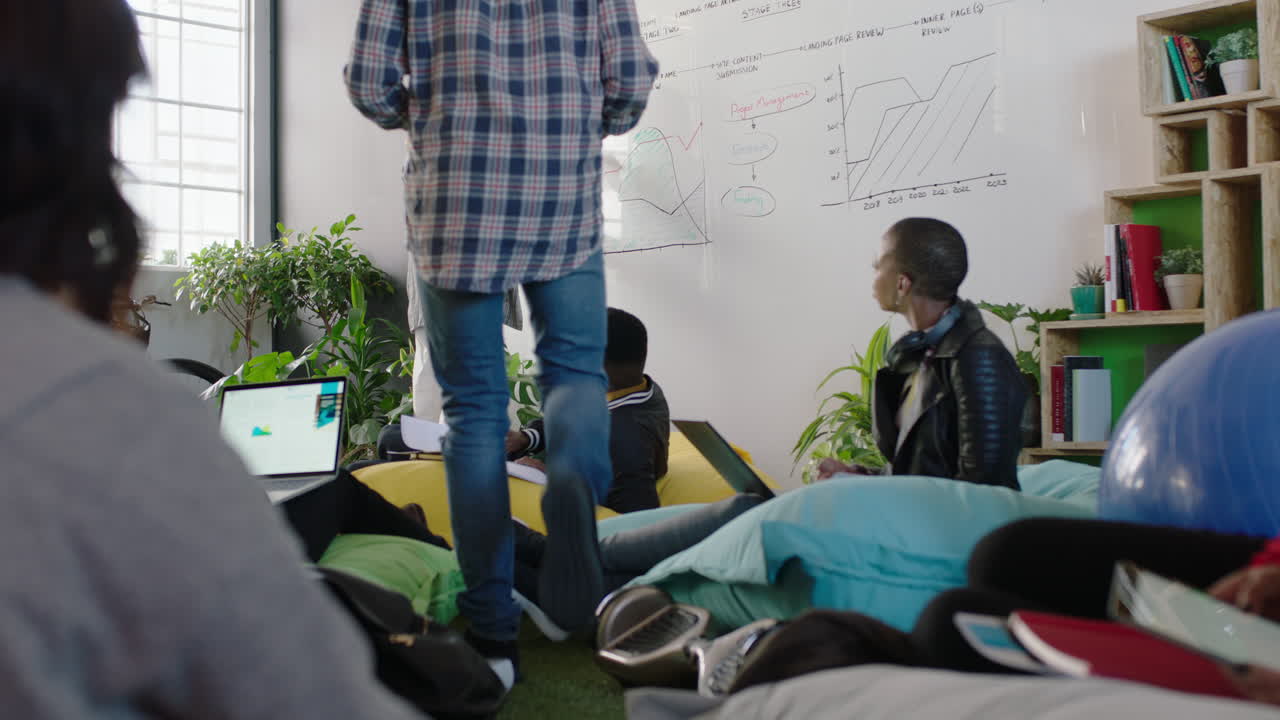 business people meeting caucasian team leader woman presenting market data on whiteboard brainstorming showing colleagues project strategy information sharing ideas in office presentation briefing