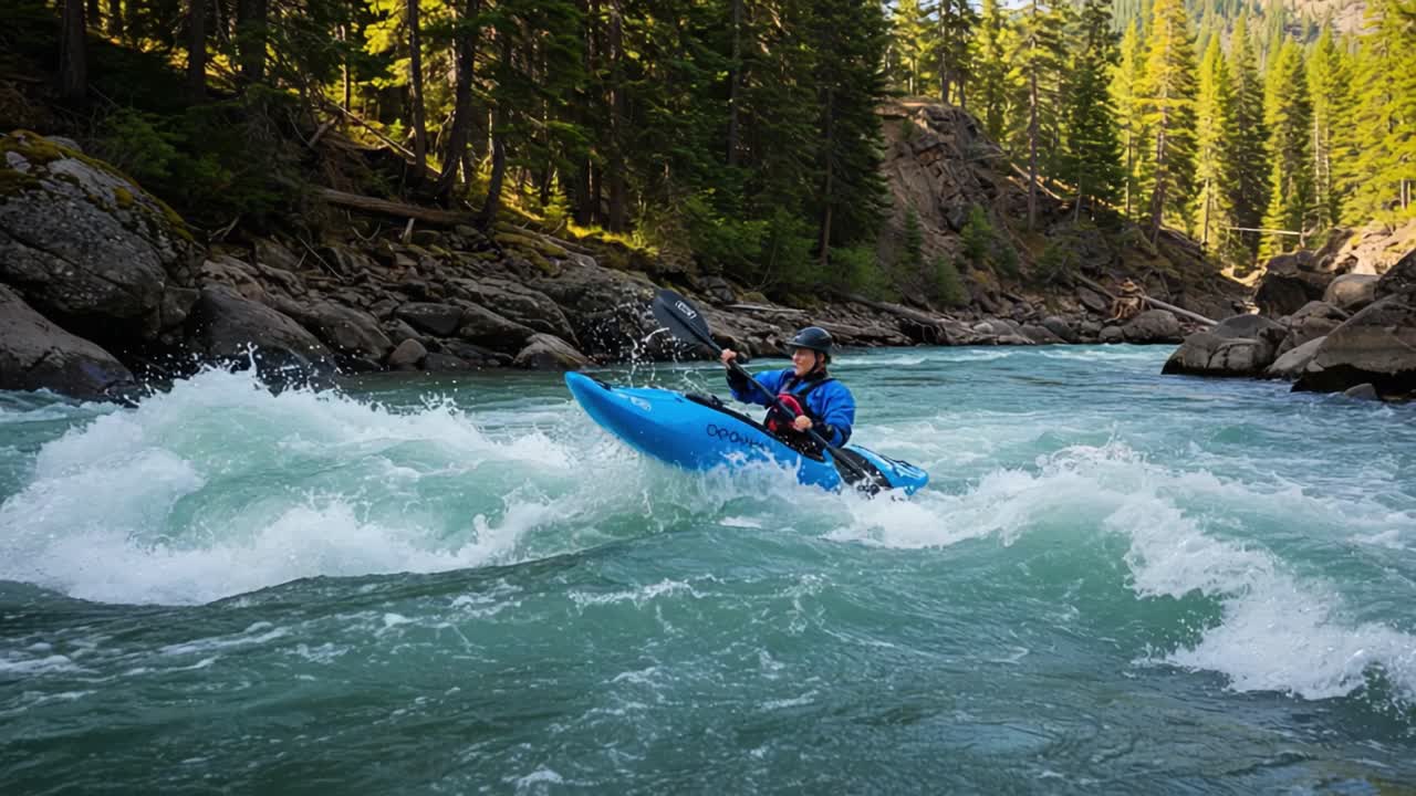 Avventura in kayak tra le rapide: un canoista entusiasta naviga un fiume selvaggio e bellissimo circondato da foreste lussureggianti e terreno roccioso.