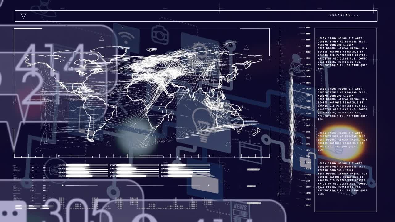 This video shows a digital dashboard with data analysis and a earth map on a green screen background