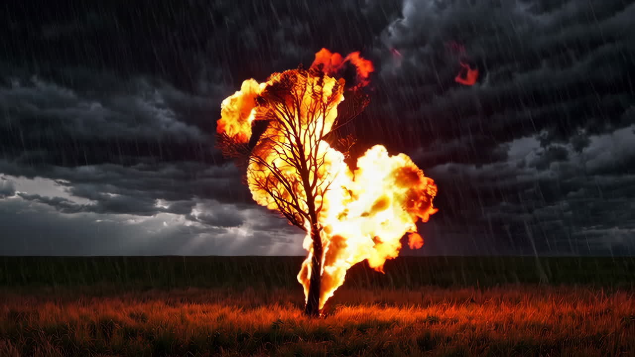 Stormy Night Fire Over a Tree