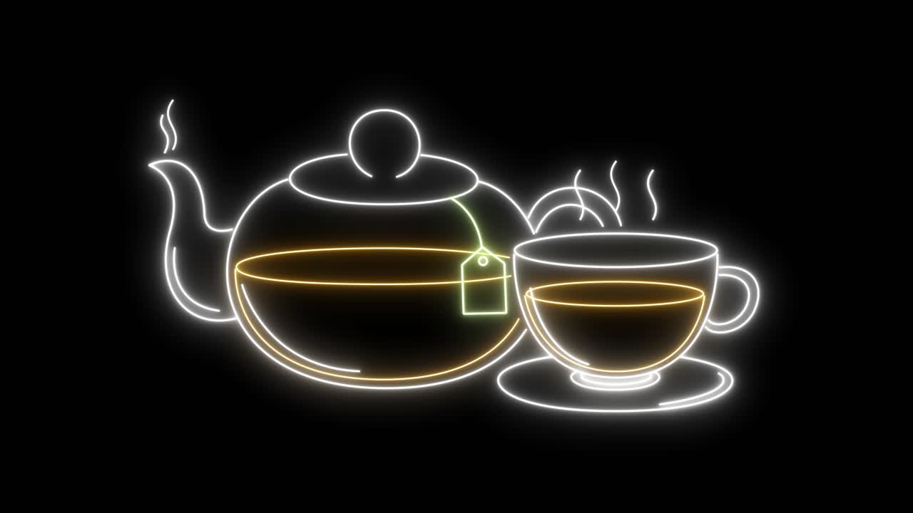 네온으로 칠한 차병과 컵에 증기가 상승하고 있습니다.