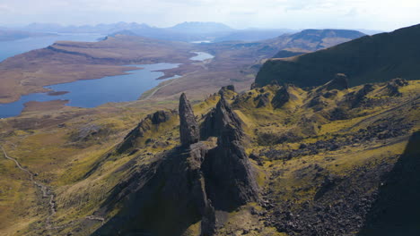 Panoramic-Aerial-Trotternish-Ridge-and-Old-Man-of-Storr,-Isle-of-Skye