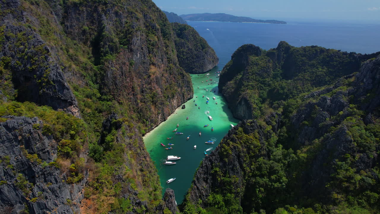 Aerial view of touristic boats entering in PiLeh lagoon, Thailand