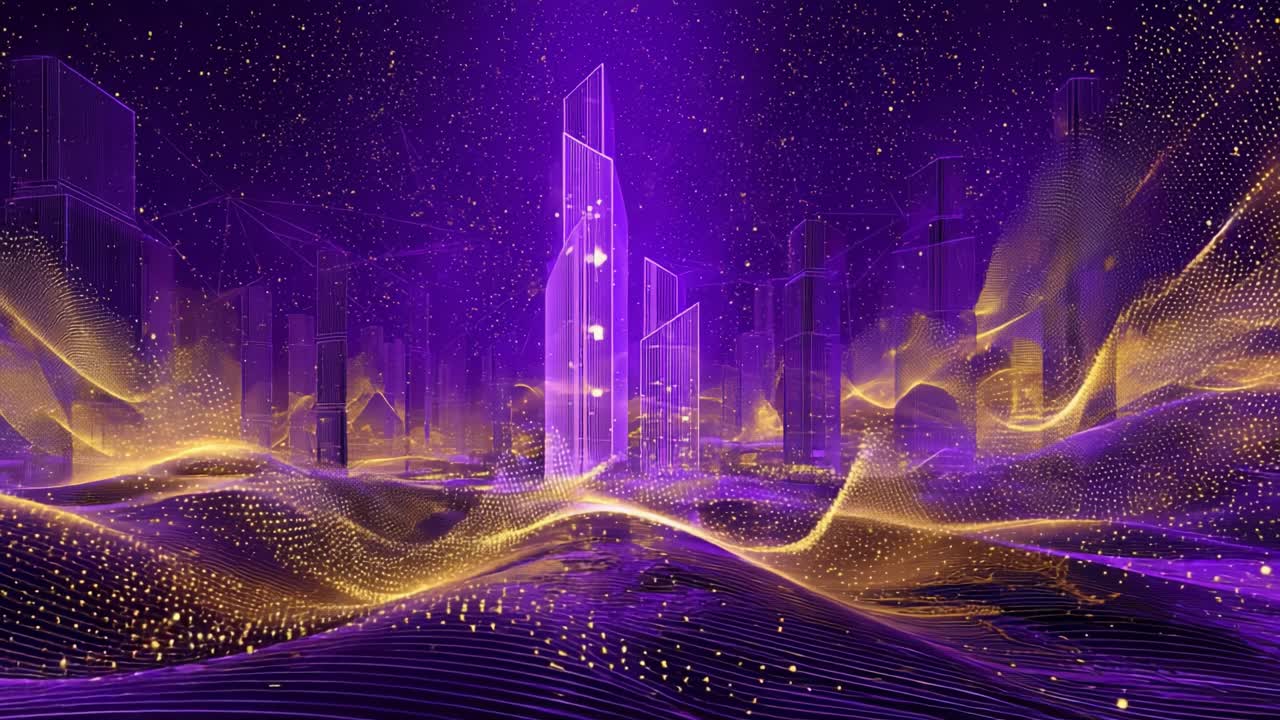 Glowing purple wireframe skyscrapers rising from a digital landscape of flowing golden particles, representing a futuristic metropolis in the metaverse under a starry sky of data points
