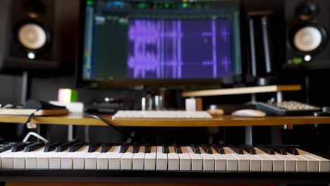 view of a cozy and modern music home studio for sound production and composition with a keyboard and a monitor with music software playing.