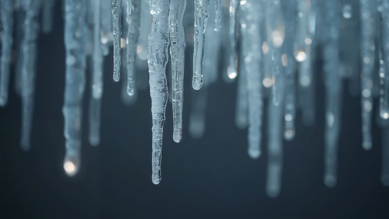 Thaw causing icicles at eave forming droplets, tip droplet growing detaching and falling near bokeh