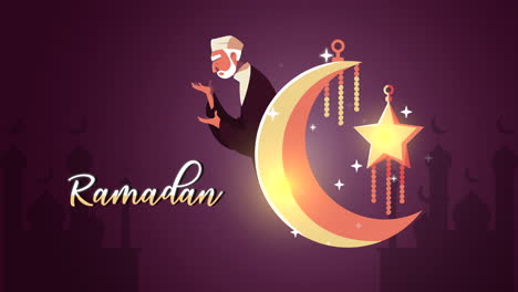 ramadan kareem lettering animation with muslim man in crescent moon