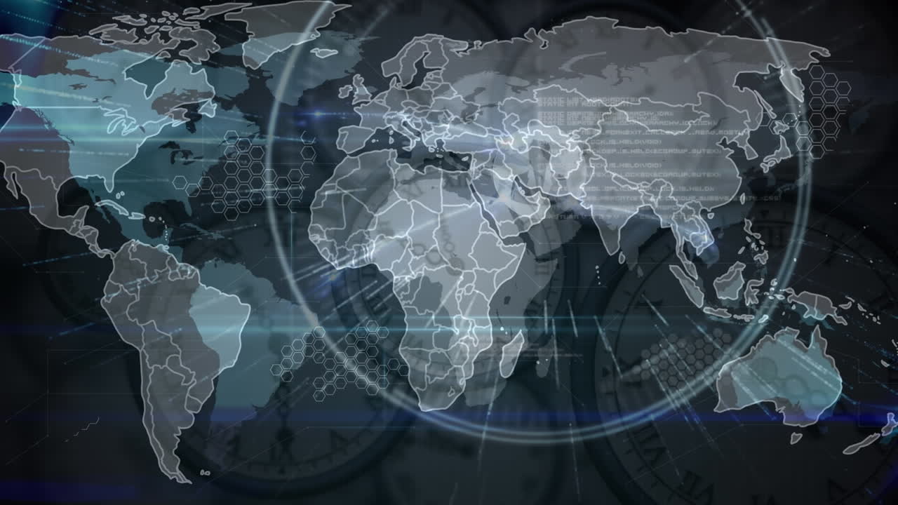 Animation of data processing and world map over clocks