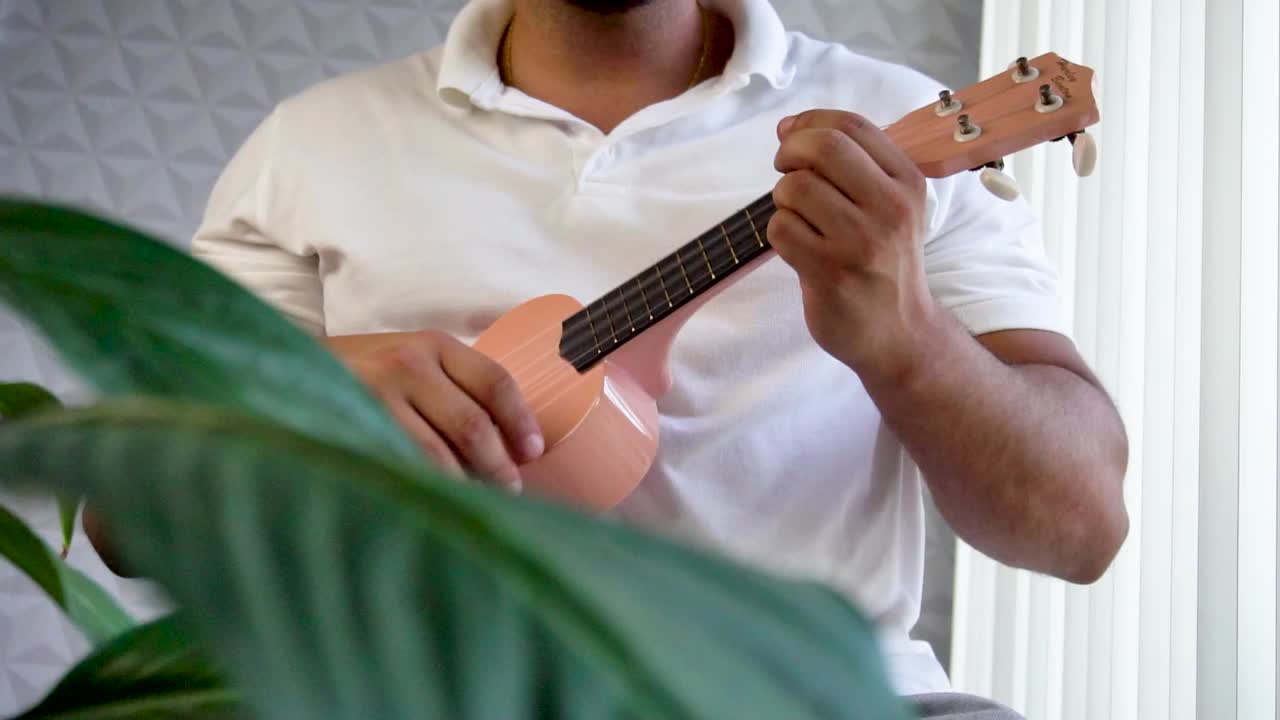 hombre de mediana edad 30 y con barba está jugando y silbando con su ukulele rosa al lado de una gran ventana y cerca de una planta verde