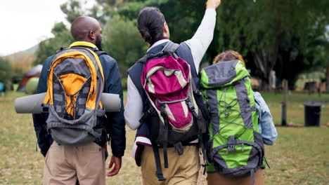 hiking, people pointing and backpack in nature