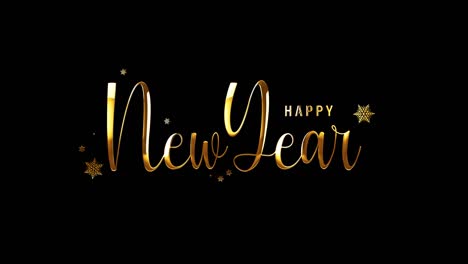 happy new year golden text banner loop animation isolated word on black background with snowflake. using quicktime alpha channel prores 4444. 4k 3d rendering seamless loop happy new year word isolate effect
