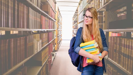 animation of book week text over caucasian female student holding books in library