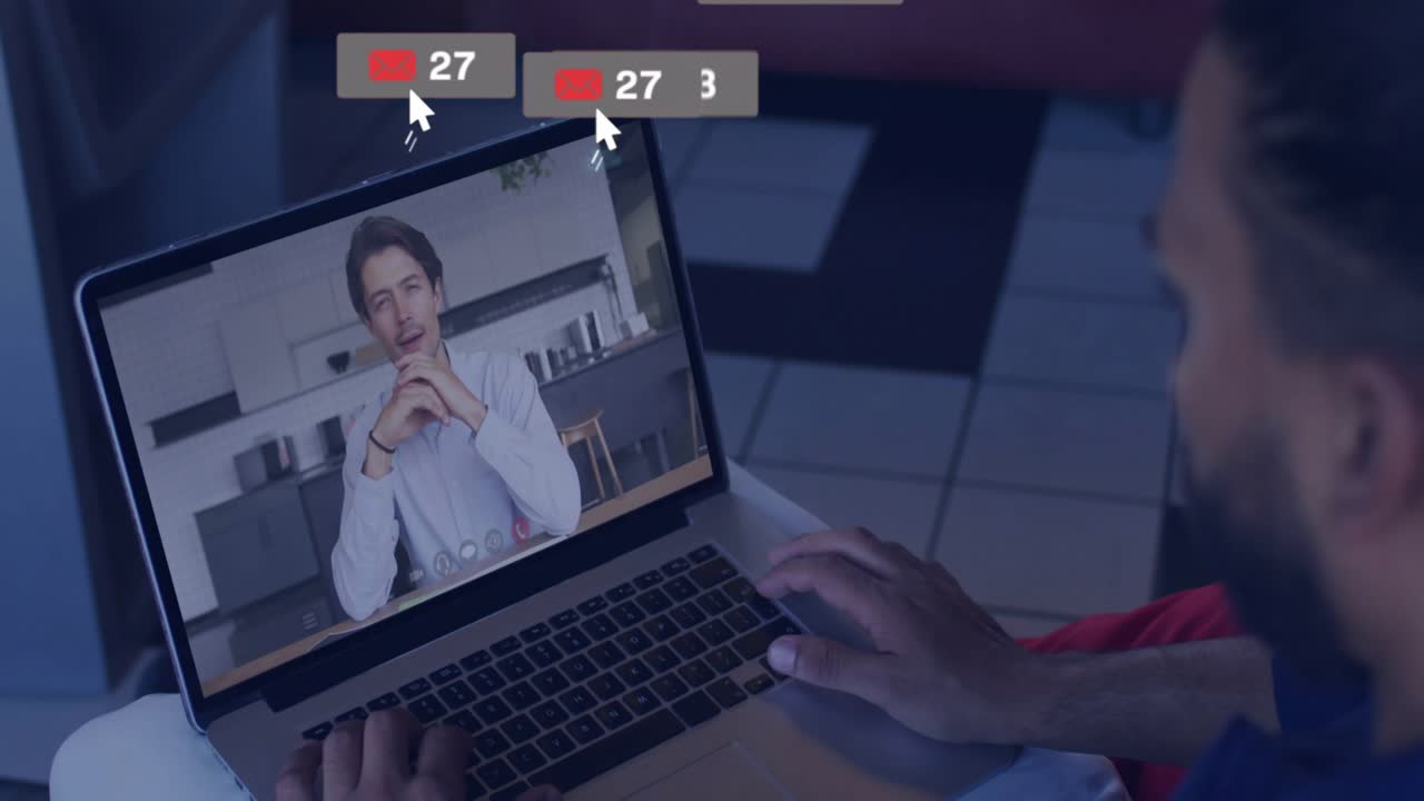 Bearded man starting laptop call and causing animated engagement icons swirling around call window